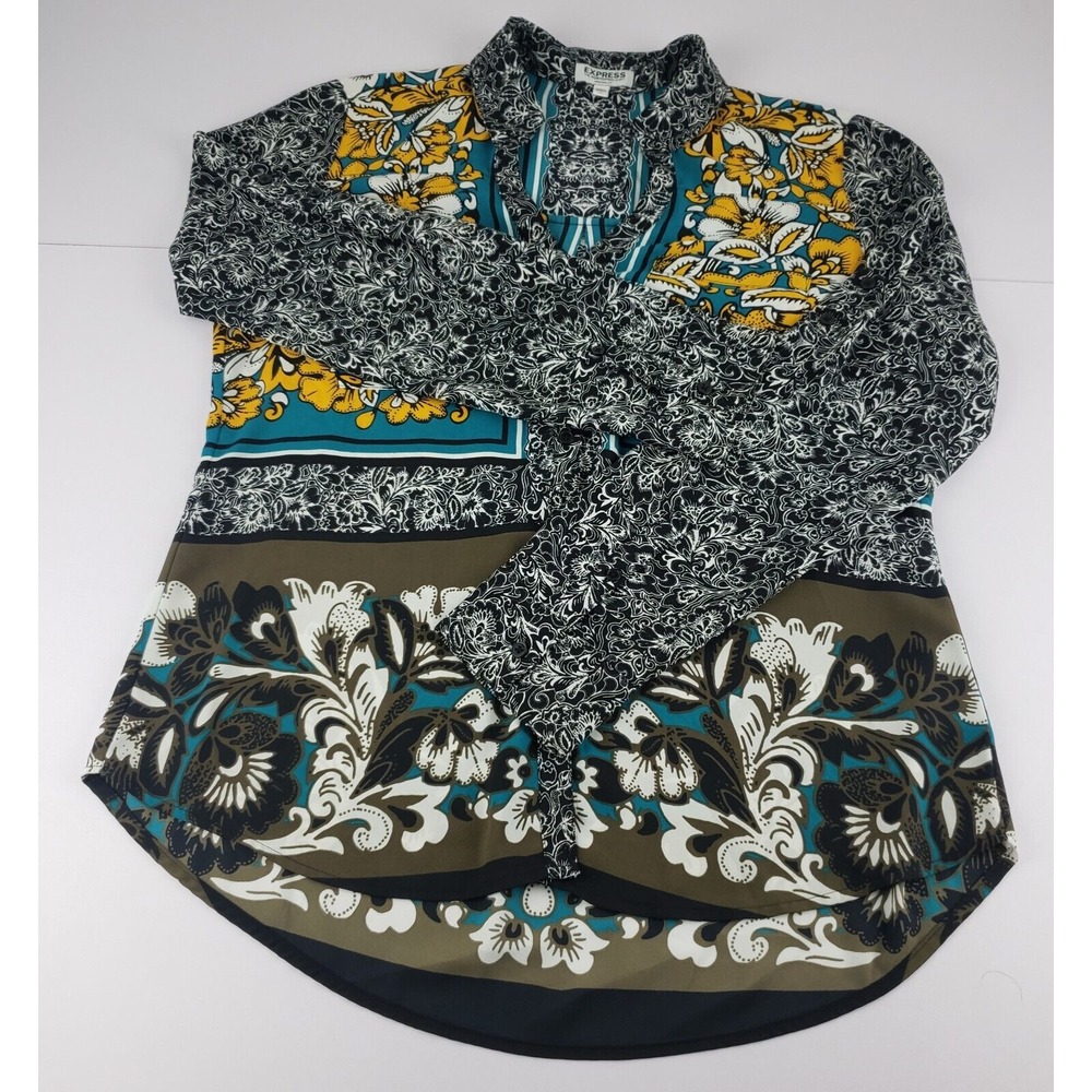 Express Portofino Shirt Women Medium Sheer Black Multicolor Floral Button Blouse